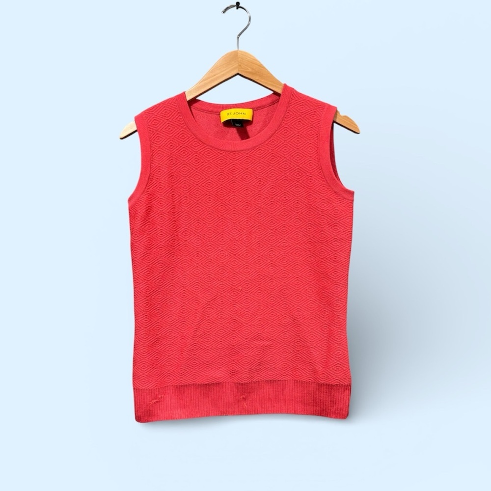 St. John Coral-Red Sleeveless Knit Crewneck Sweater